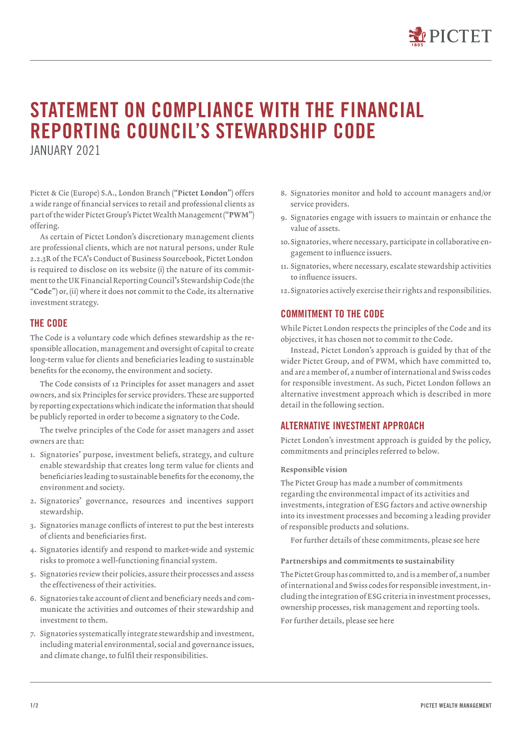 Statement on Compliance with the Financial Reporting Council’S Stewardship Code January 2021