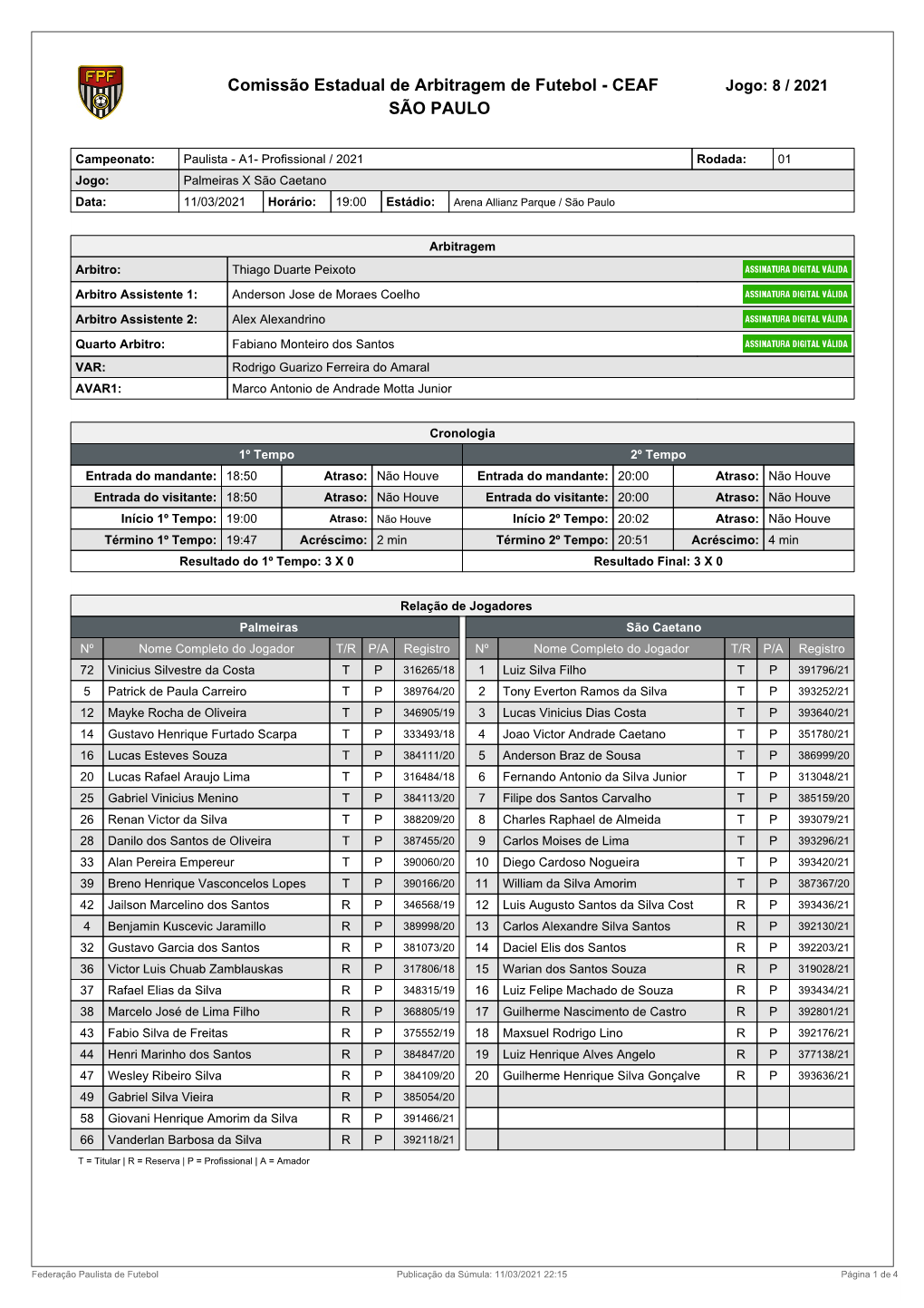 Comissão Estadual De Arbitragem De Futebol - CEAF Jogo: 8 / 2021 SÃO PAULO