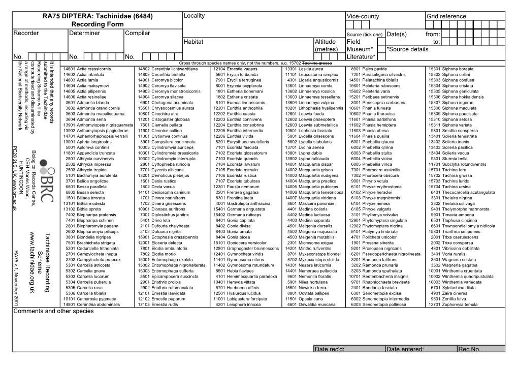 Tachinidae (6484) Recording Form