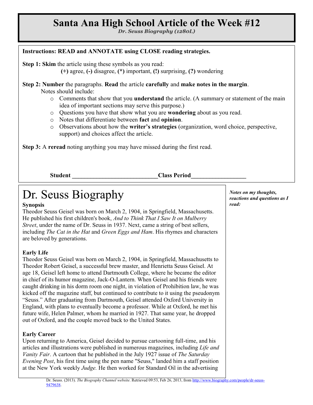 Dr. Seuss Biography (1280L)