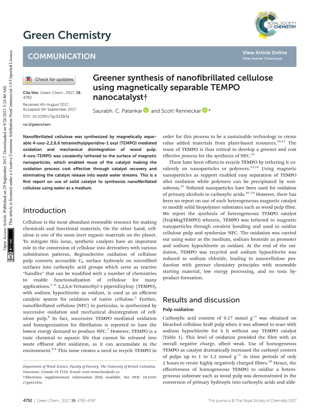 Greener Synthesis of Nanofibrillated Cellulose Using Magnetically