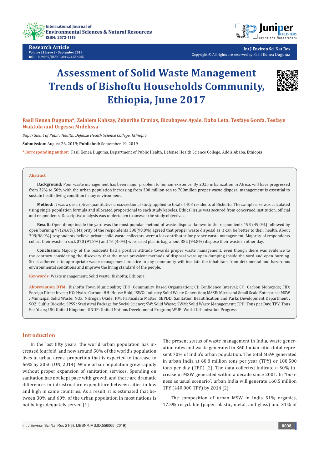 Assessment of Solid Waste Management Trends of Bishoftu Households Community, Ethiopia, June 2017