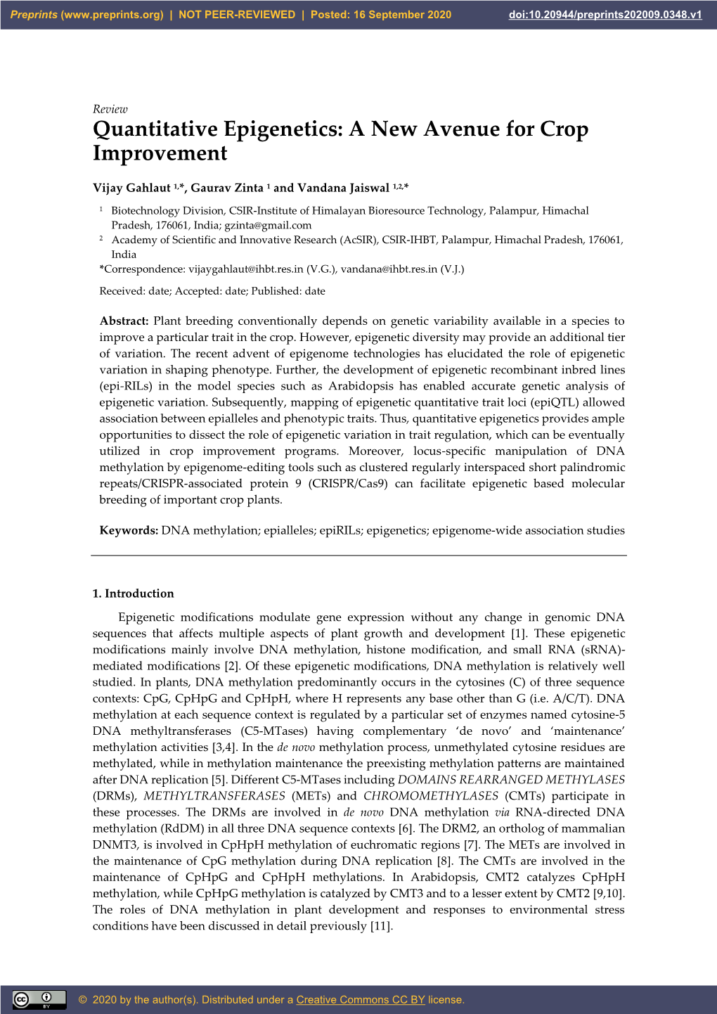 Quantitative Epigenetics: a New Avenue for Crop Improvement