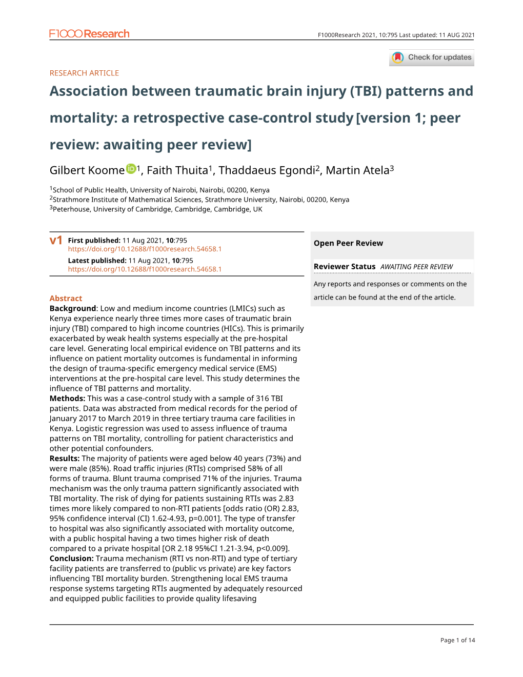 Association Between Traumatic Brain Injury (TBI) Patterns and Mortality: a Retrospective Case-Control Study [Version 1; Peer Review: Awaiting Peer Review]