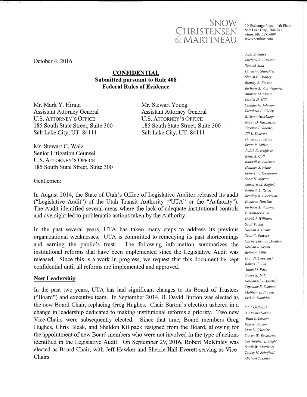 October 4, 2016 CONFIDENTIAL Submitted Pursuant to Rule 408 Federal Rules of Evidence Mr. Mark Y. Hirata Assistant Attorney Gene