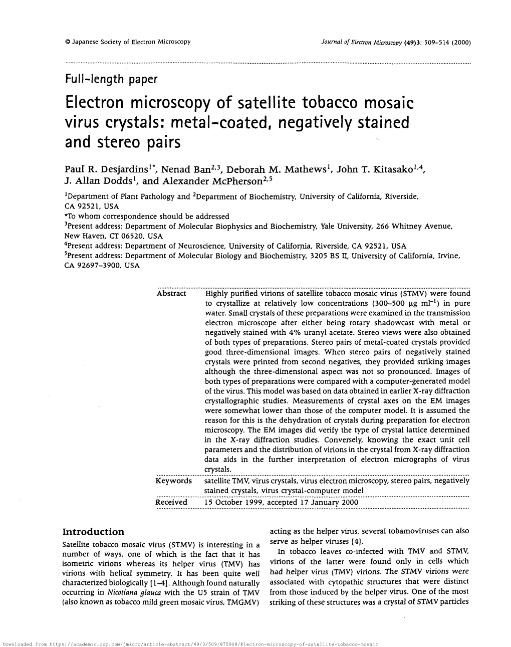 Electron Microscopy of Satellite Tobacco Mosaic Virus Crystals: Metal-Coated, Negatively Stained and Stereo Pairs