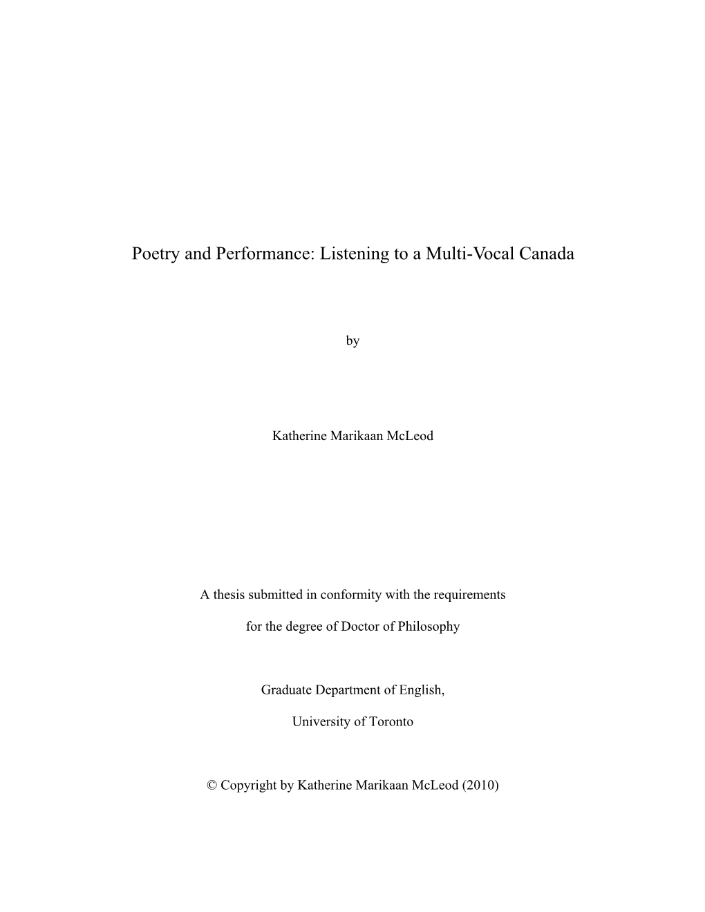 Poetry and Performance: Listening to a Multi-Vocal Canada