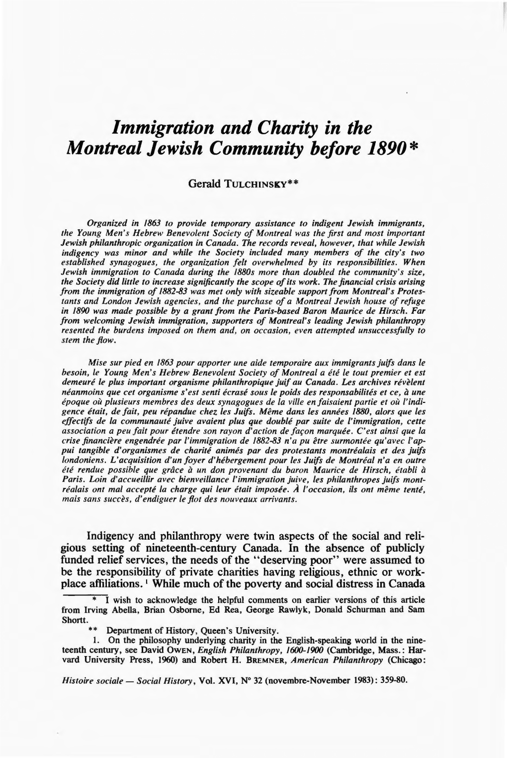 Immigration and Charity in the Montreal Jewish Community Before 1890*