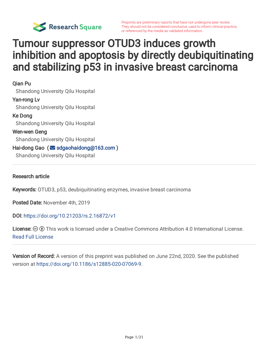 Tumour Suppressor OTUD3 Induces Growth Inhibition and Apoptosis by Directly Deubiquitinating and Stabilizing P53 in Invasive Breast Carcinoma