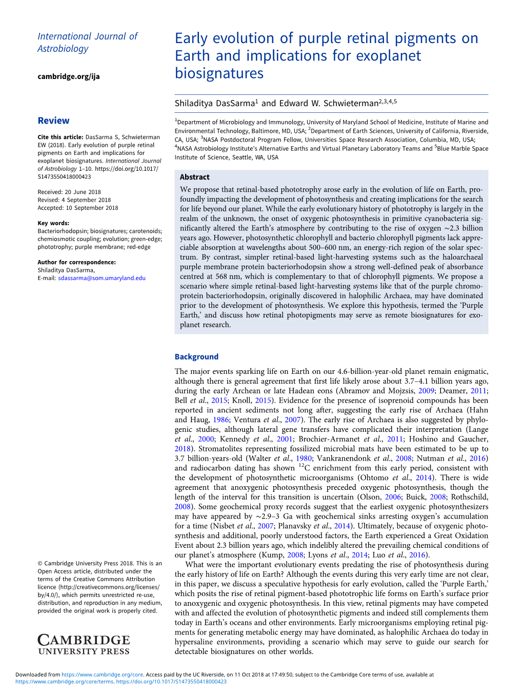 Early Evolution of Purple Retinal Pigments on Earth and Implications