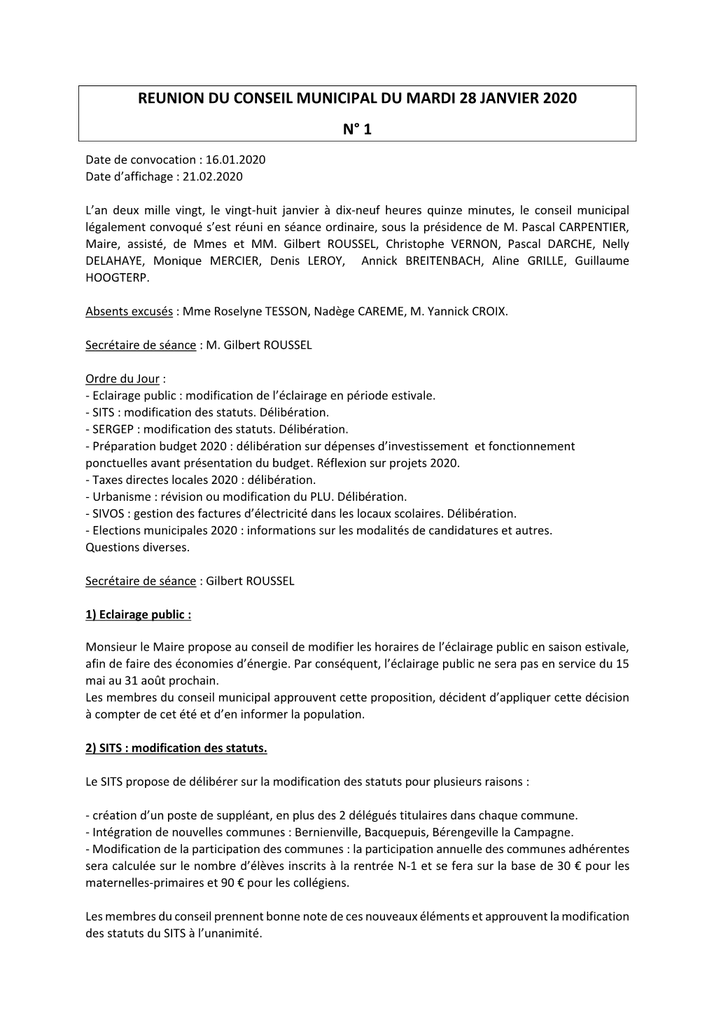 Reunion Du Conseil Municipal Du Mardi 28 Janvier 2020 N° 1