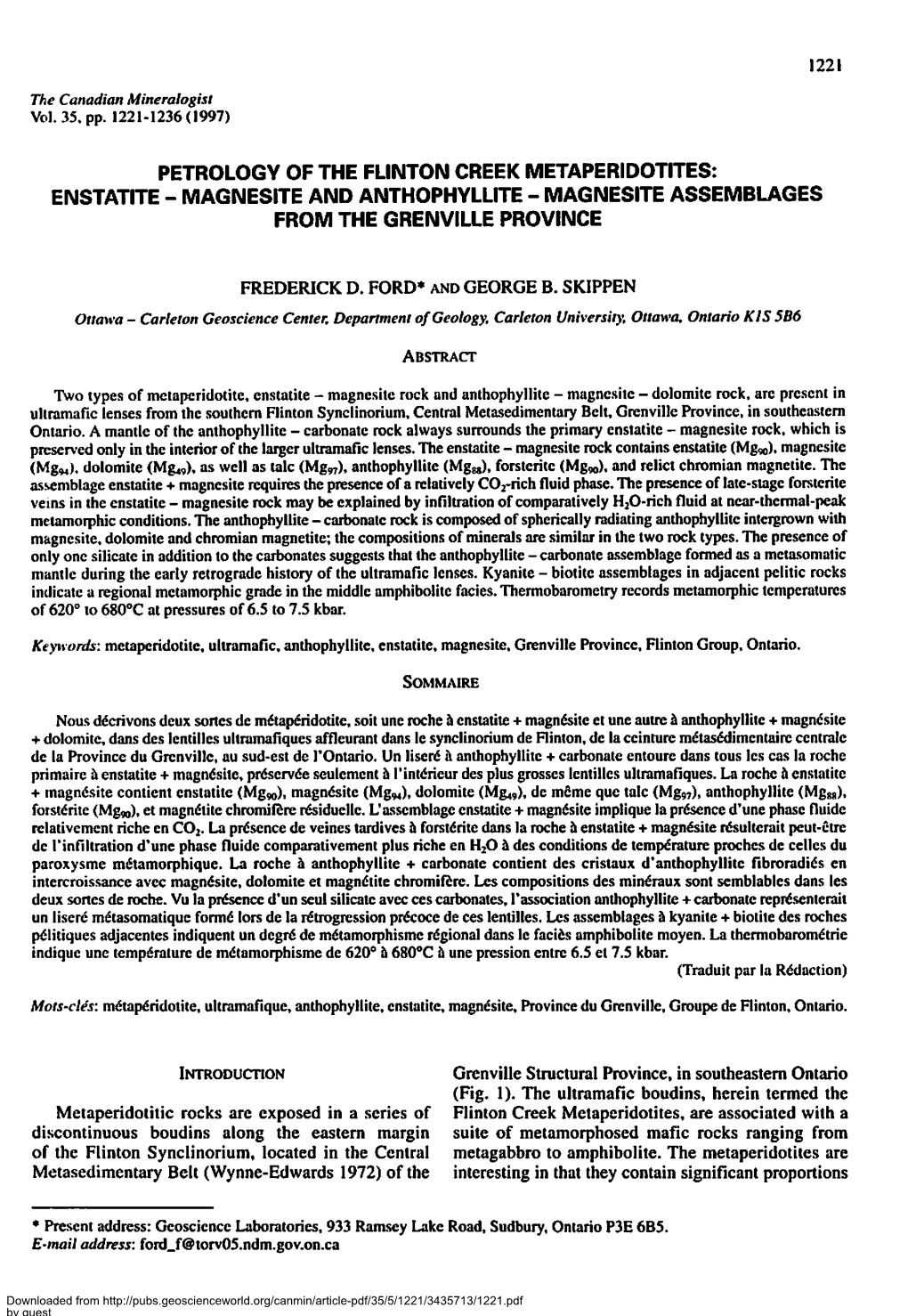 Enstatite - Magnesite and Anthophyllite - Magnesite Assemblages from the Grenville Province