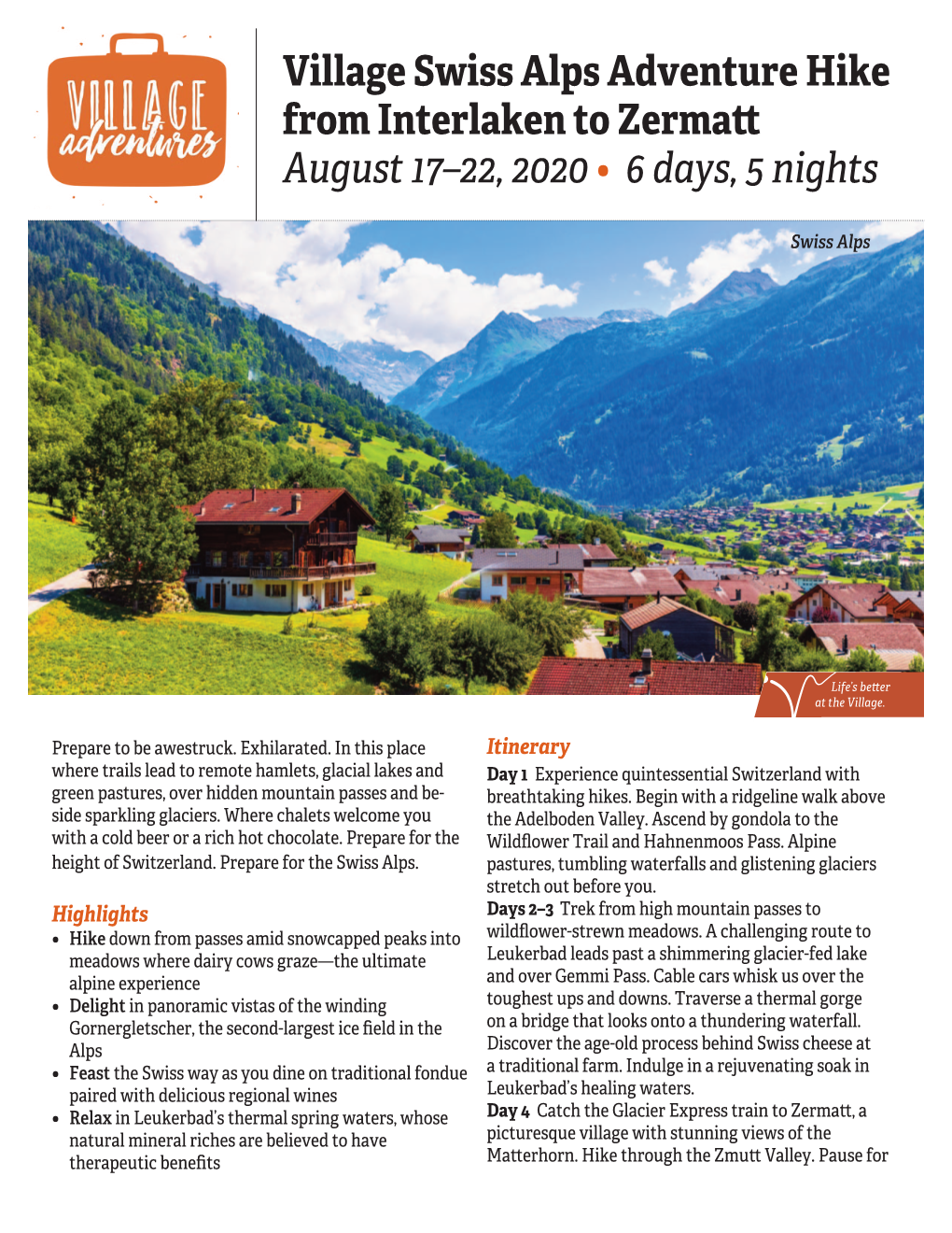 Village Swiss Alps Adventure Hike from Interlaken to Zermatt August 17–22, 2020 • 6 Days, 5 Nights