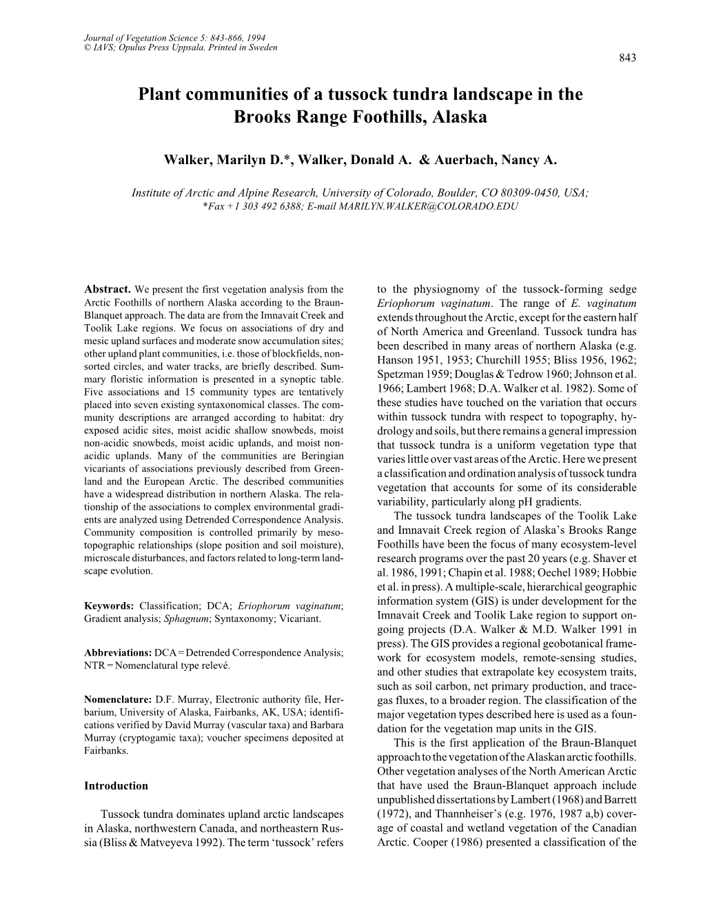 Plant Communities of a Tussock Tundra Landscape in the Brooks Range Foothills, Alaska