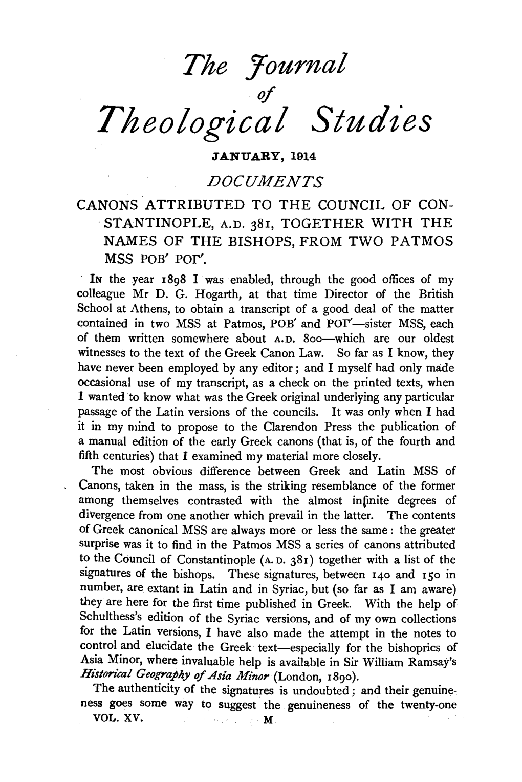 Theological Studies JANUARY, 1914 DOCUMENTS CANONS ATTRIBUTED to the COUNCIL of CON­