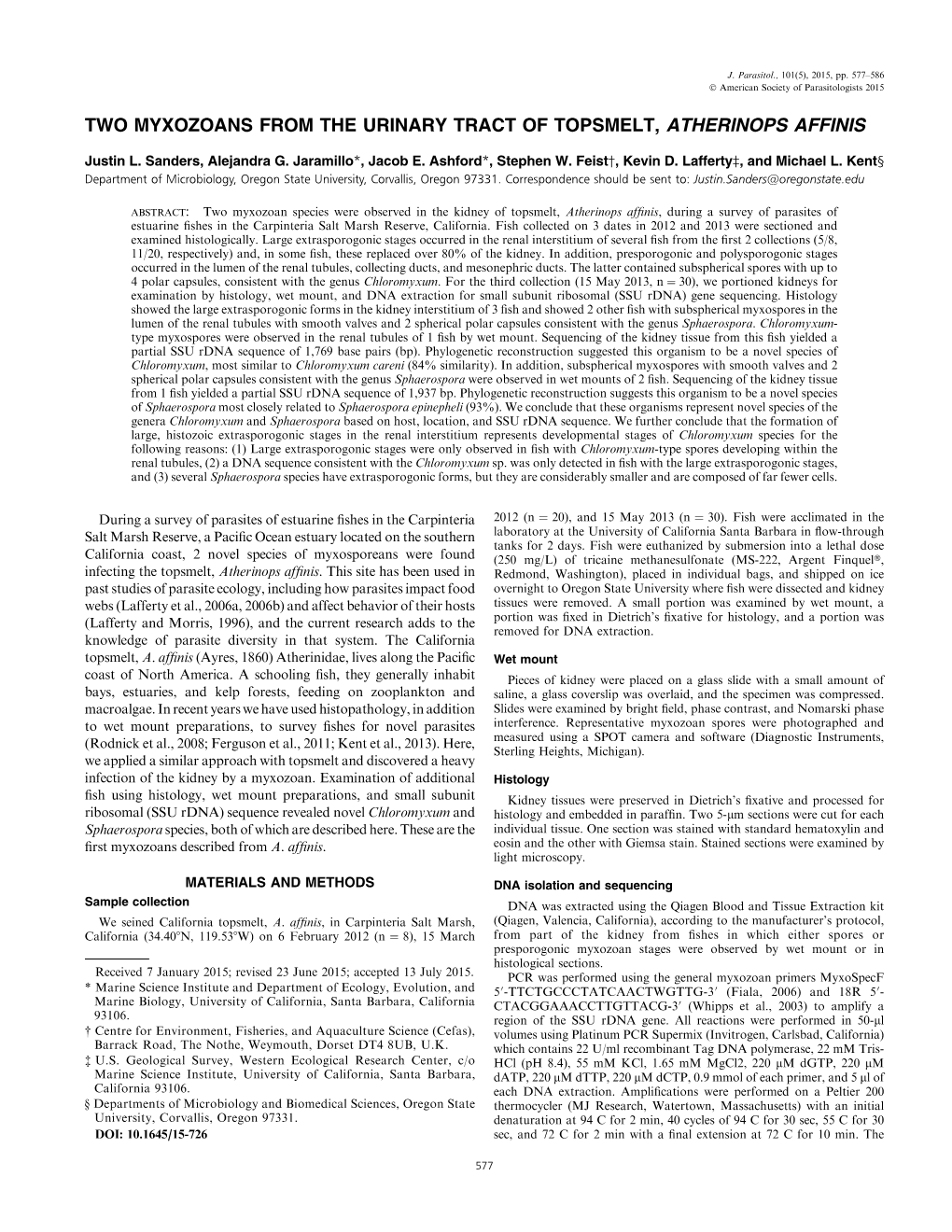 Two Myxozoans from the Urinary Tract of Topsmelt, Atherinops Affinis