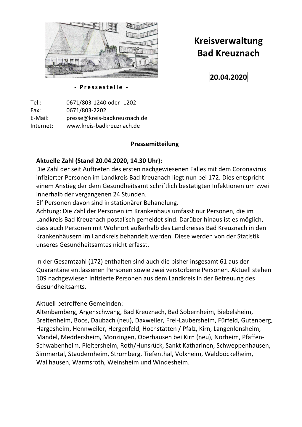 Pressemitteilung "Coronaupdate" Vom 20.04.2020