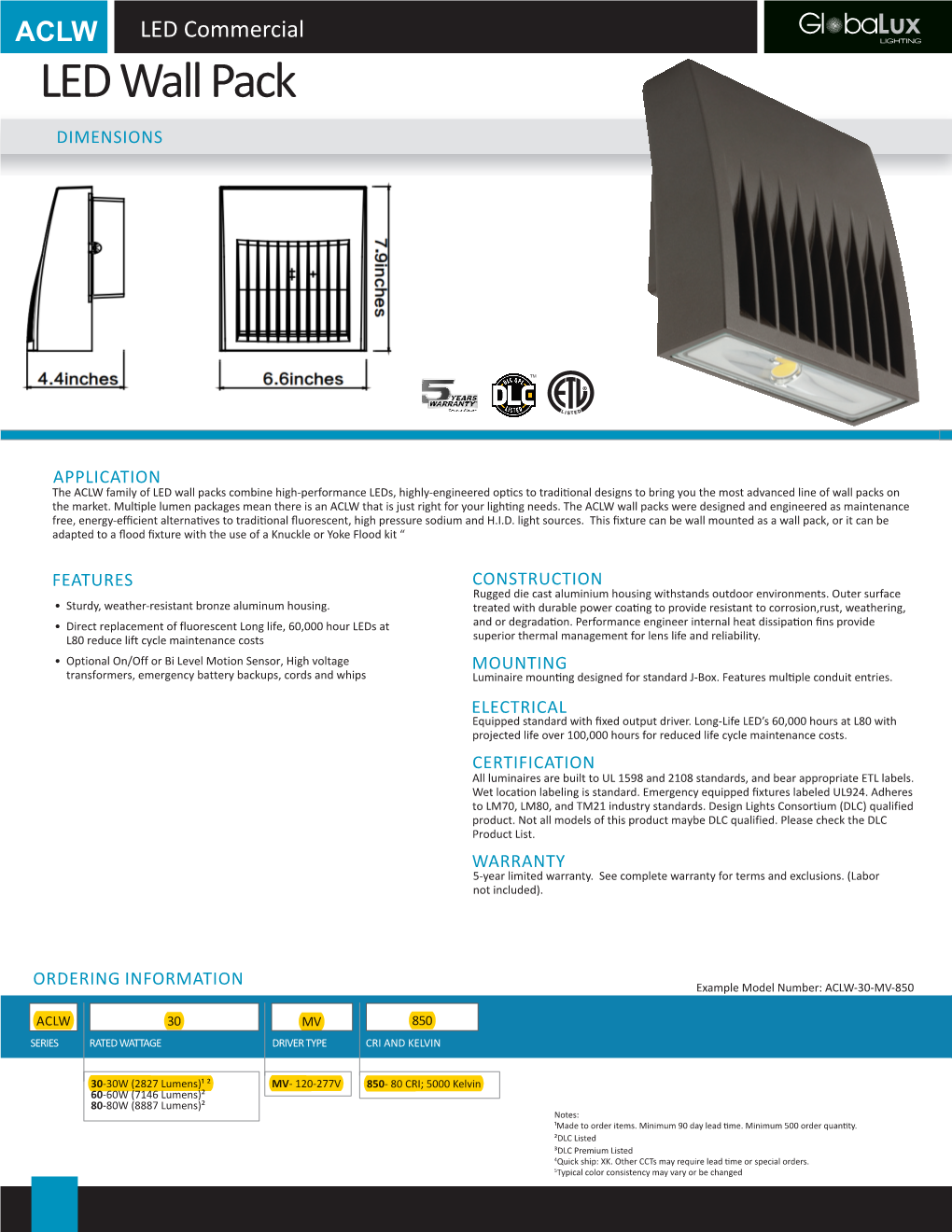 Globalux ACLW-30-MV-850 30W LED Wall Pack Spec Sheet