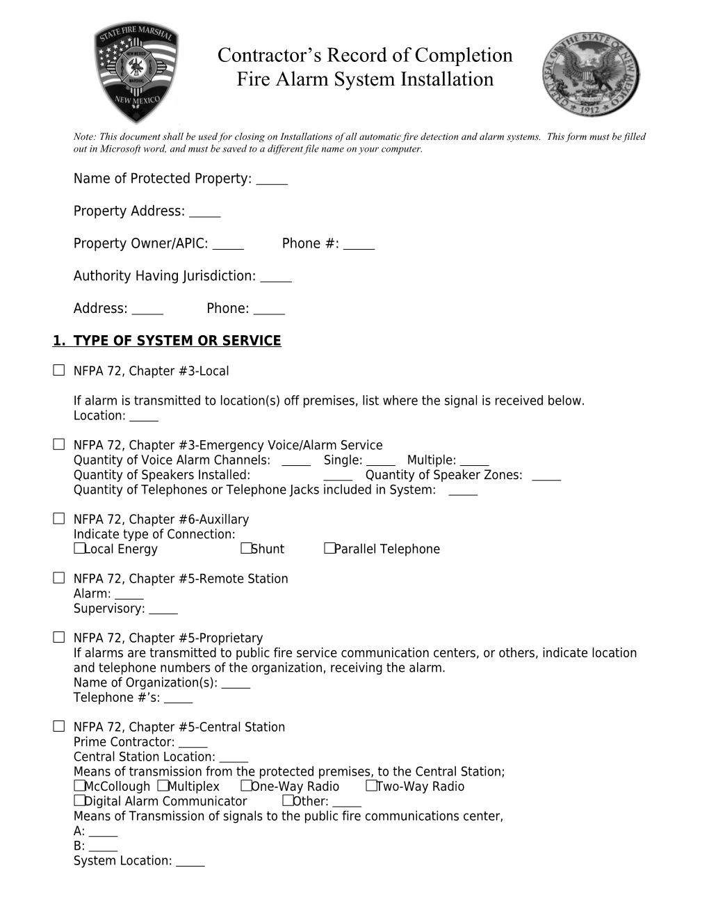 Note: This Document Shall Be Used for Closing on Installations of All Automatic Fire Detection