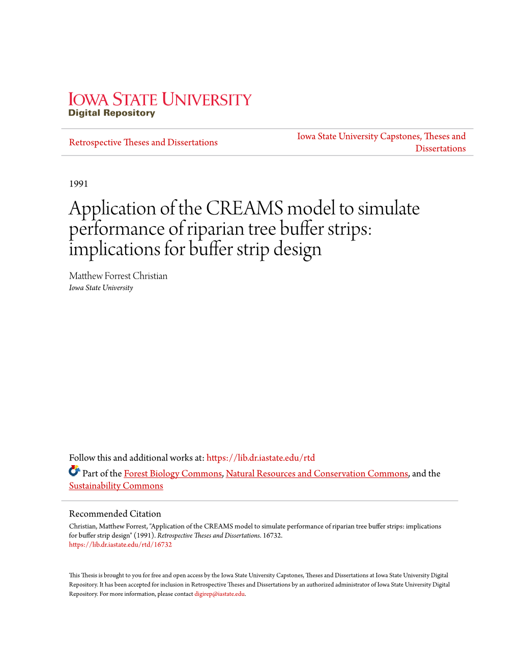 Application of the CREAMS Model to Simulate Performance Of