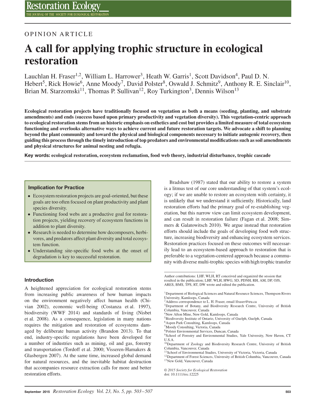 A Call for Applying Trophic Structure in Ecological Restoration Lauchlan H