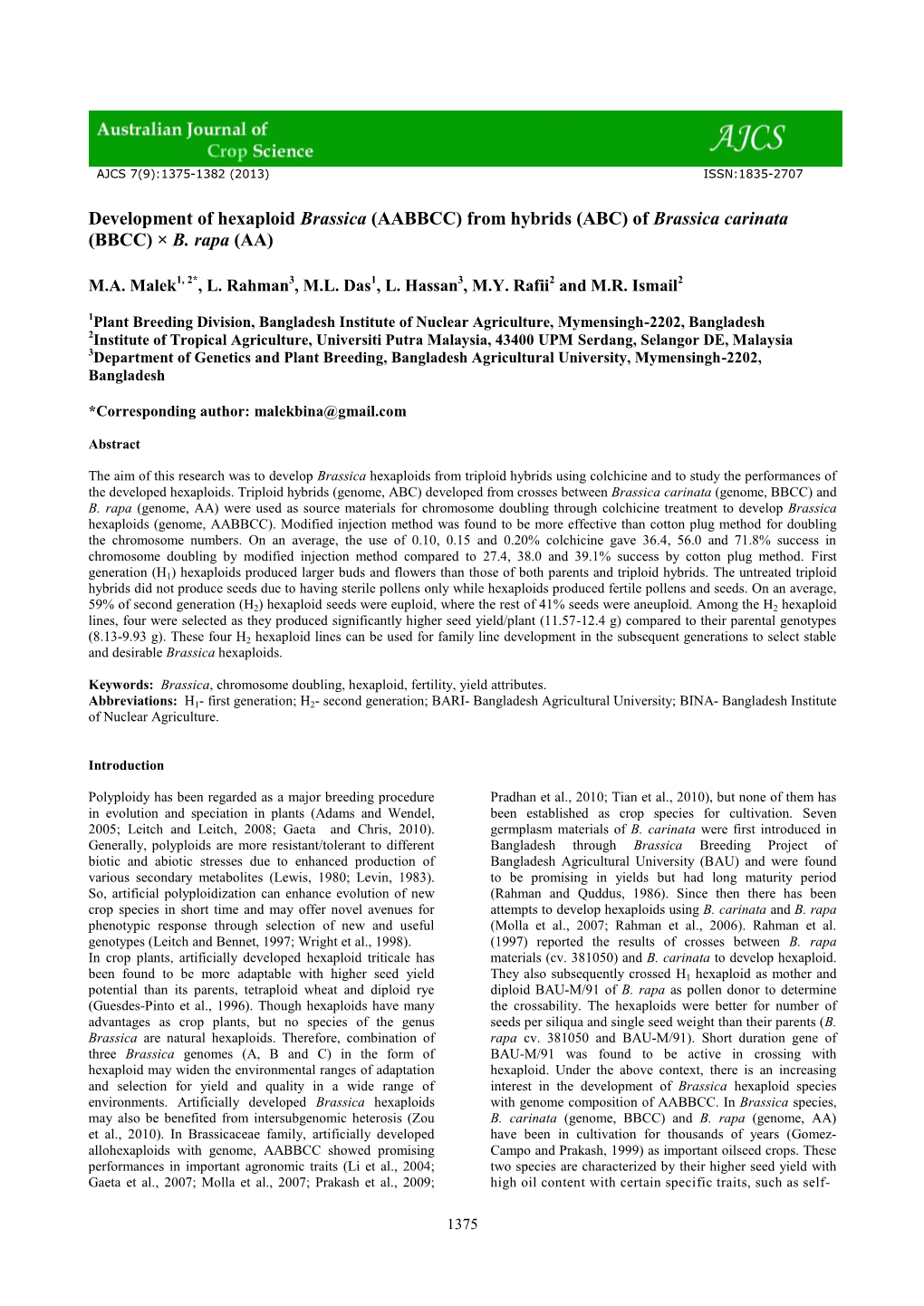 Development of Trigenomic Hexaploid Brassica from Triploid (ABC) Hybrids