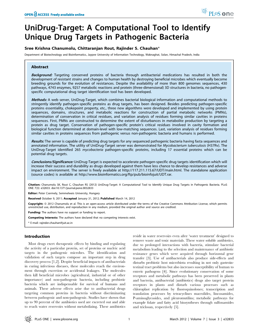 A Computational Tool to Identify Unique Drug Targets in Pathogenic Bacteria