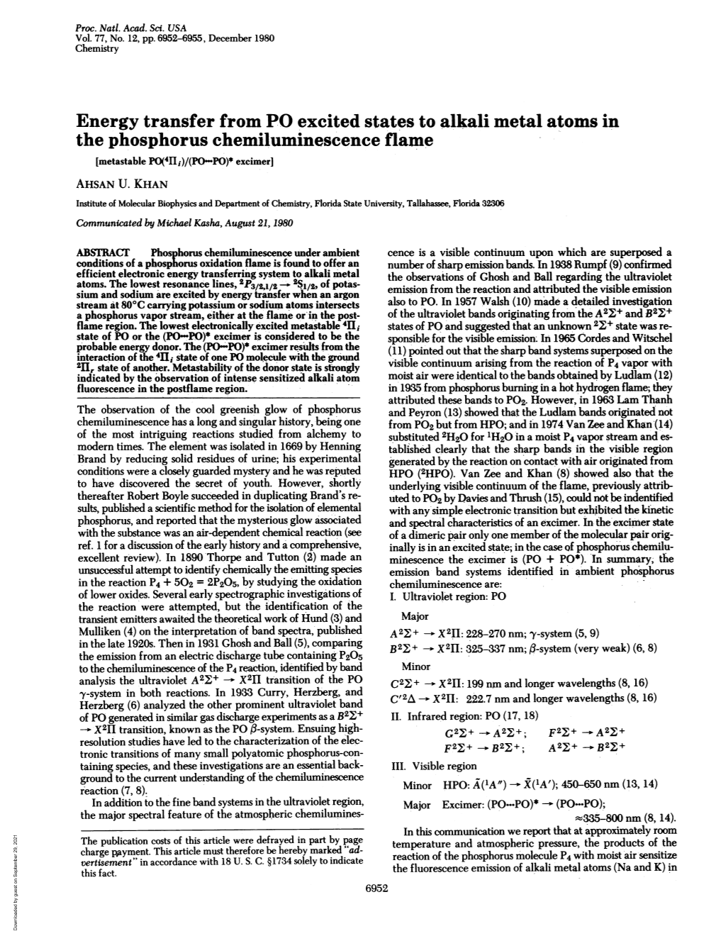 Energy Transfer from PO Excited States to Alkali Metal Atoms in the Phosphorus Chemiluminescence Flame [Metastable P0(4Jj,)/(P0.P0)* Excimerl AHSAN U