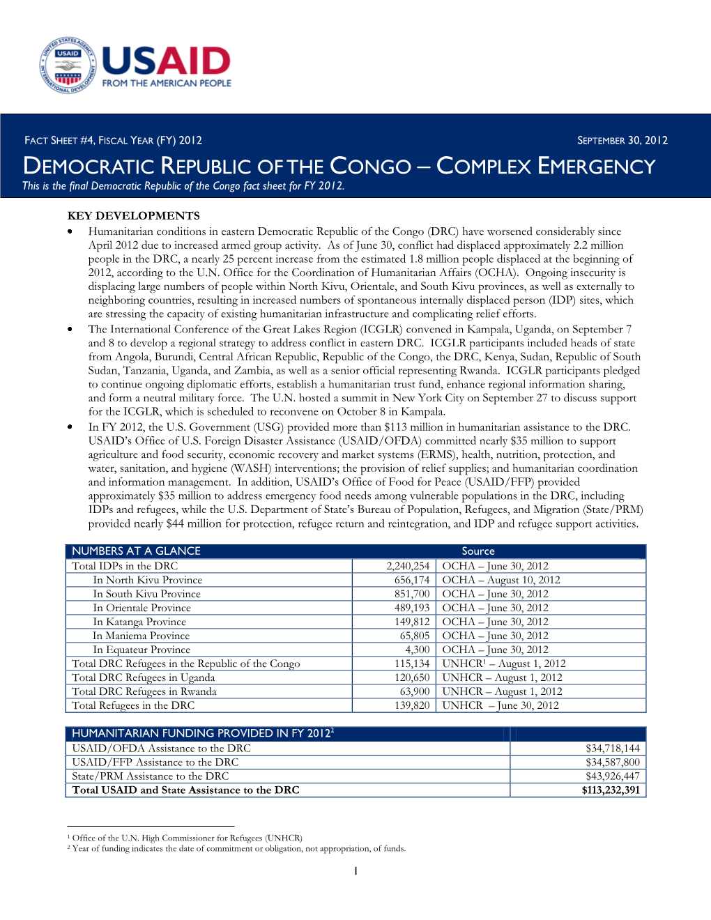 COMPLEX EMERGENCY This Is the Final Democratic Republic of the Congo Fact Sheet for FY 2012