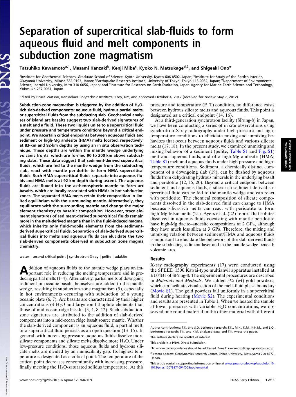 Separation of Supercritical Slab-Fluids to Form Aqueous Fluid and Melt