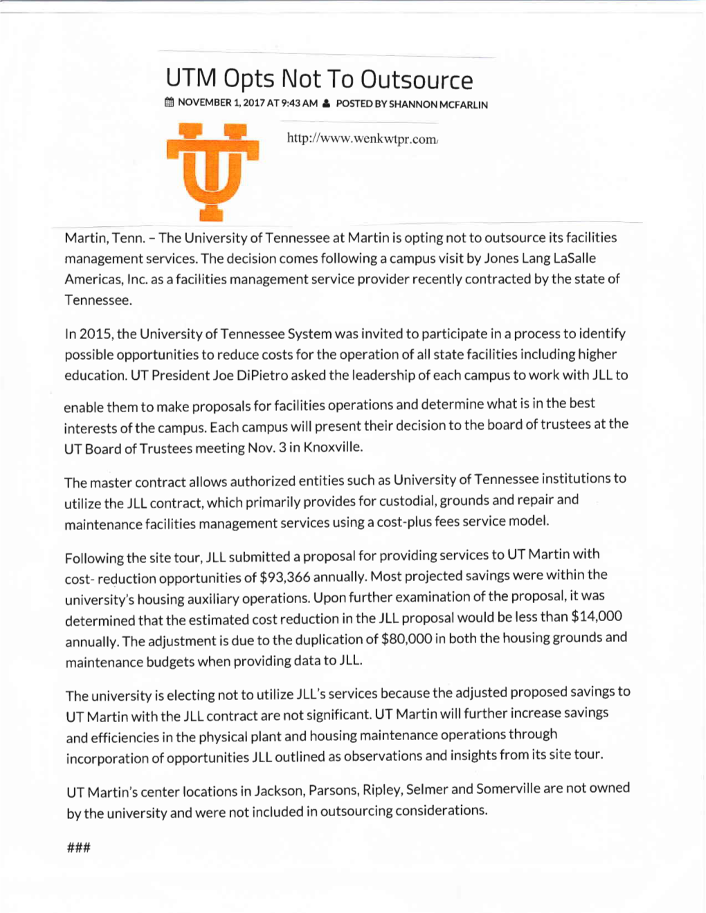 UTM Opts Not to Outsource M Novembert,2ILT at 9:43AM G Posted Byshannon Mcfarlin