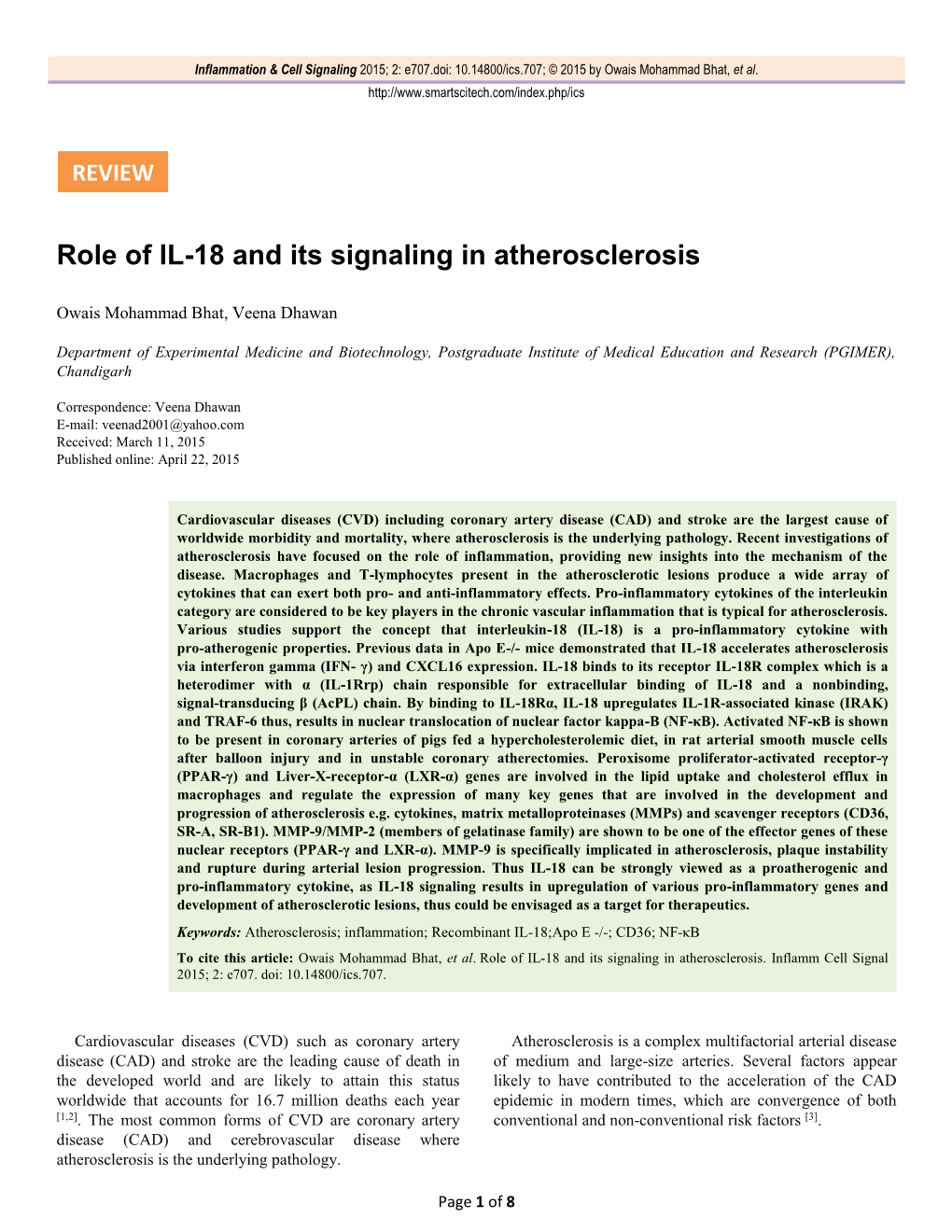 Role of IL-18 and Its Signaling in Atherosclerosis