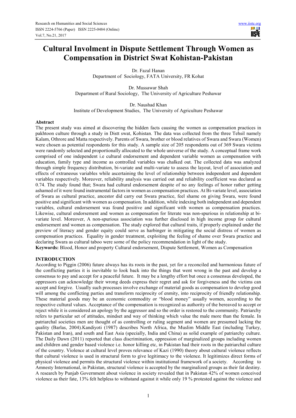 Cultural Involment in Dispute Settlement Through Women As Compensation in District Swat Kohistan-Pakistan