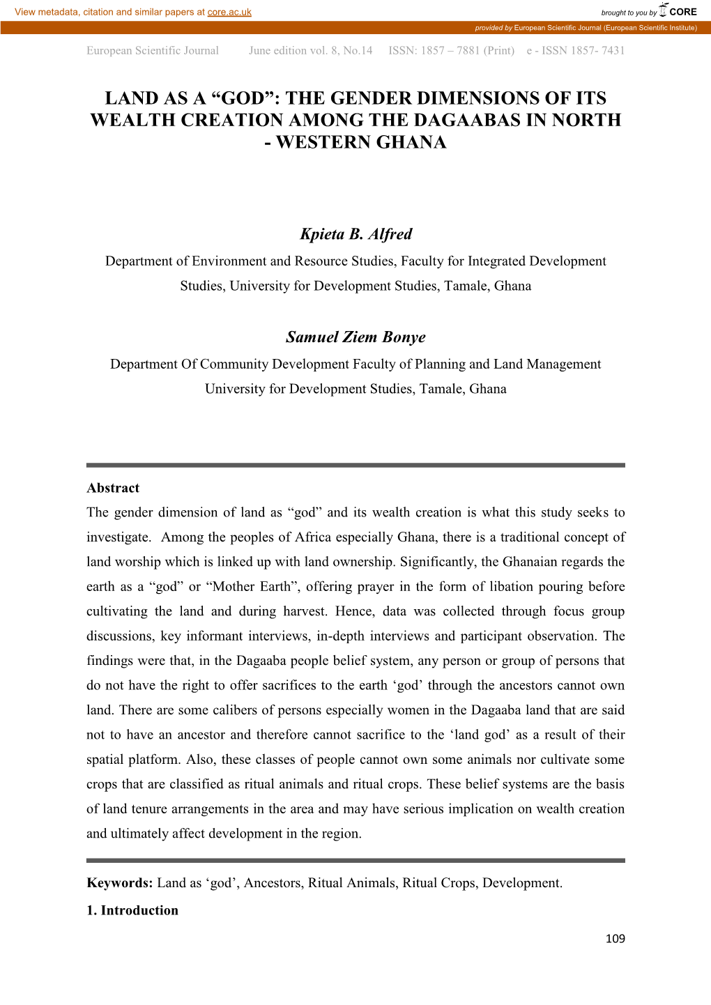 Land As a “God”: the Gender Dimensions of Its Wealth Creation Among the Dagaabas in North - Western Ghana