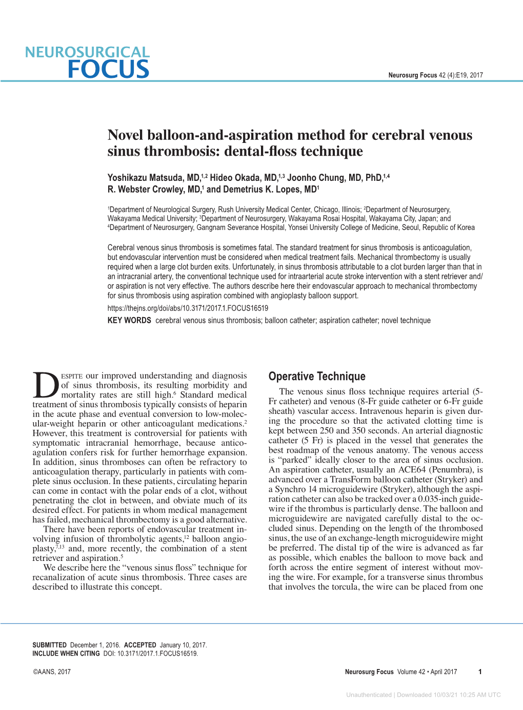 Novel Balloon-And-Aspiration Method for Cerebral Venous Sinus Thrombosis: Dental-Floss Technique