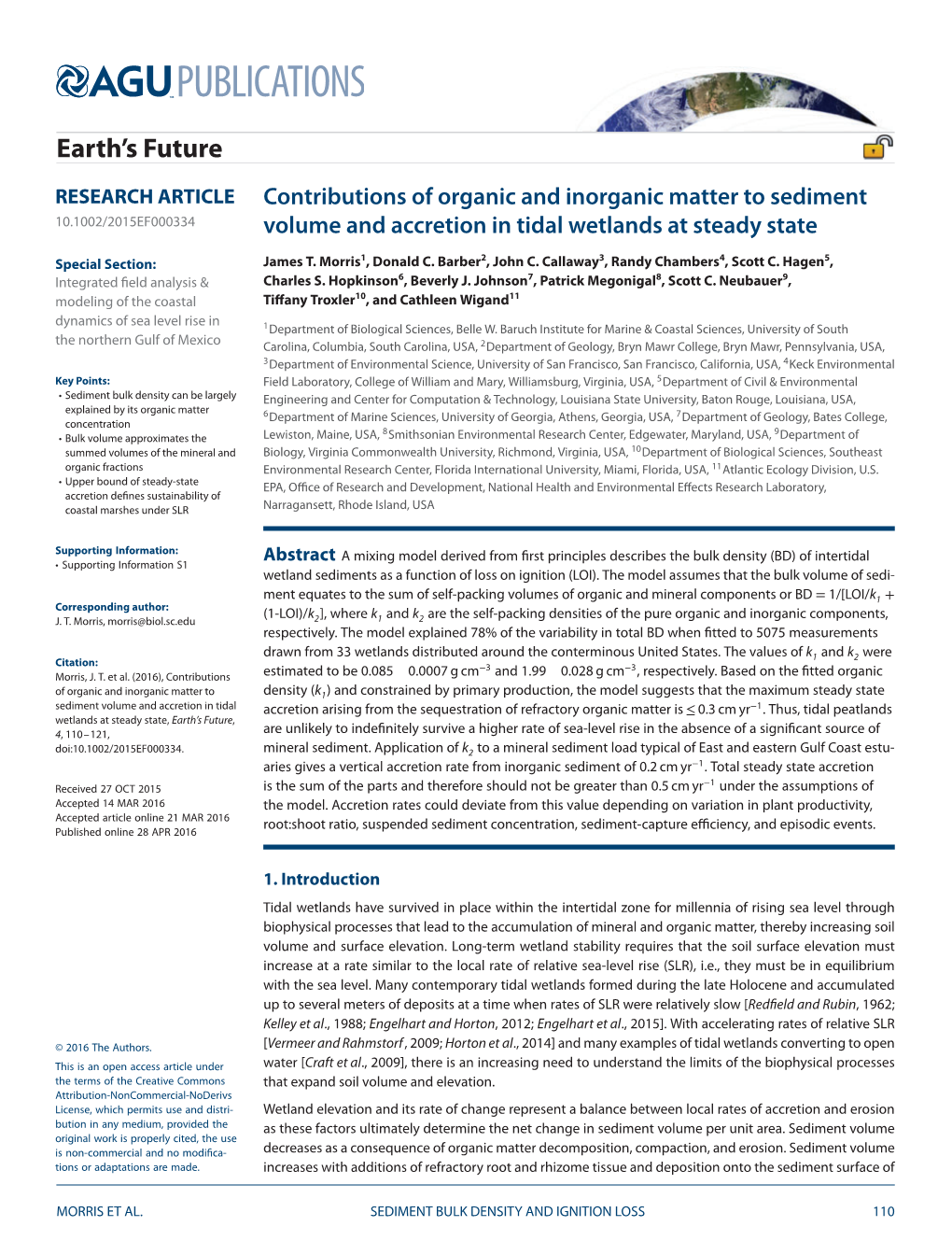 Contributions of Organic and Inorganic Matter to Sediment 10.1002/2015EF000334 Volume and Accretion in Tidal Wetlands at Steady State