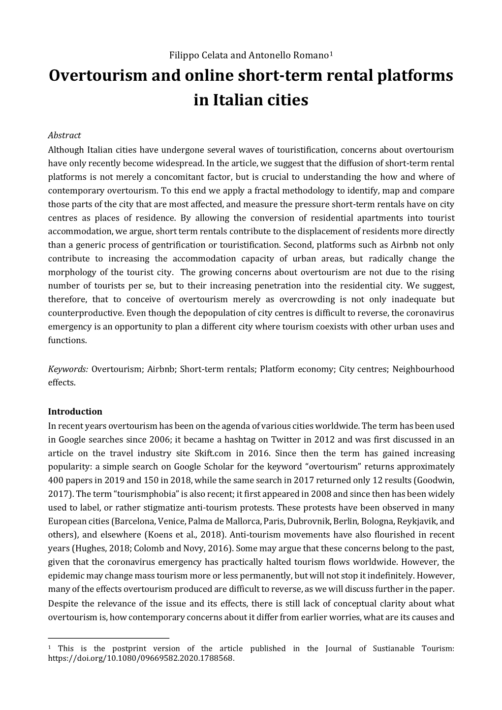 Overtourism and Online Short-Term Rental Platforms in Italian Cities