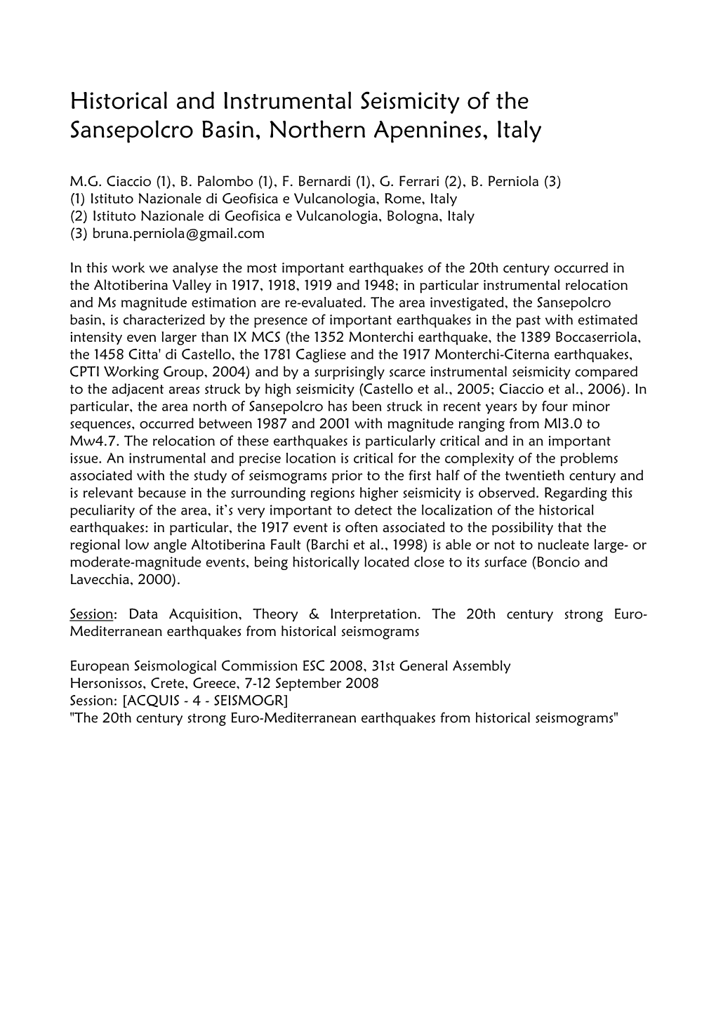 Historical and Instrumental Seismicity of the Sansepolcro Basin, Northern Apennines, Italy