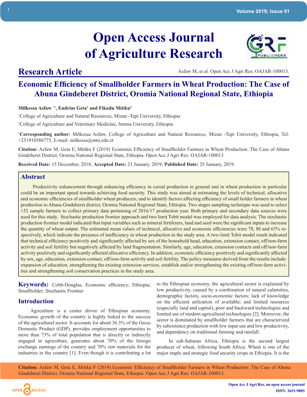 Open Access Journal of Agriculture Research Research Article Asfaw M, Et Al