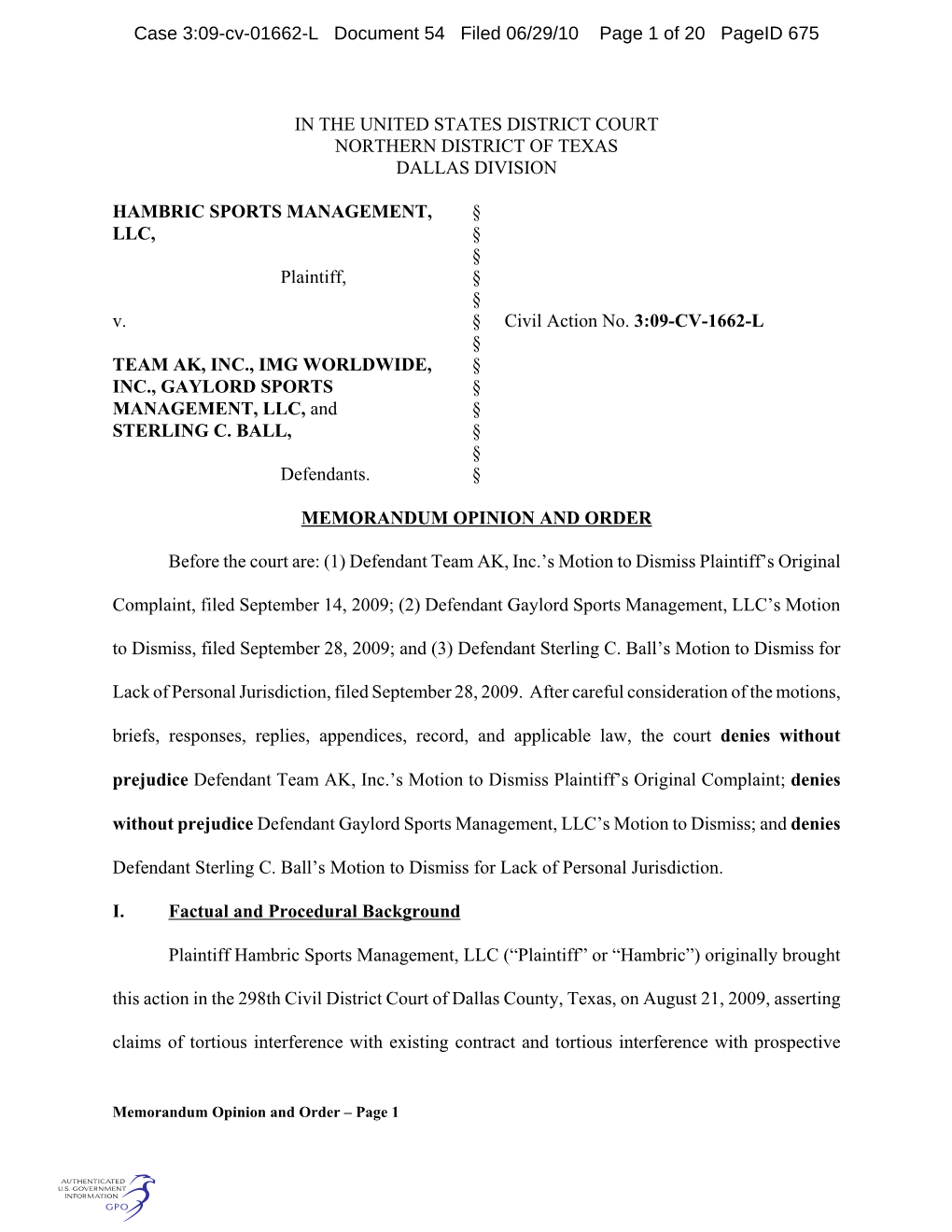 Case 3:09-Cv-01662-L Document 54 Filed 06/29/10 Page 1 of 20 Pageid 675