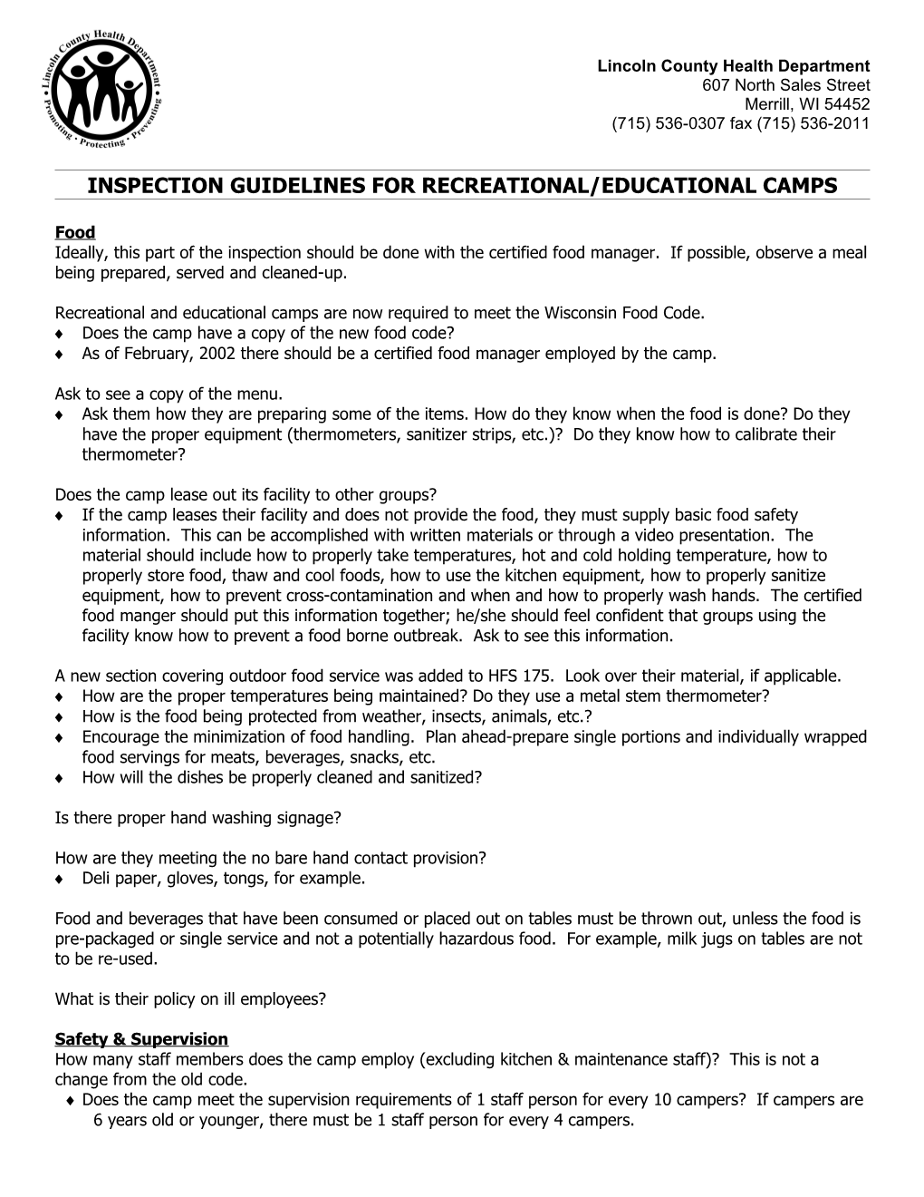 Inspection Guidelines for Recreational/Educational Camps