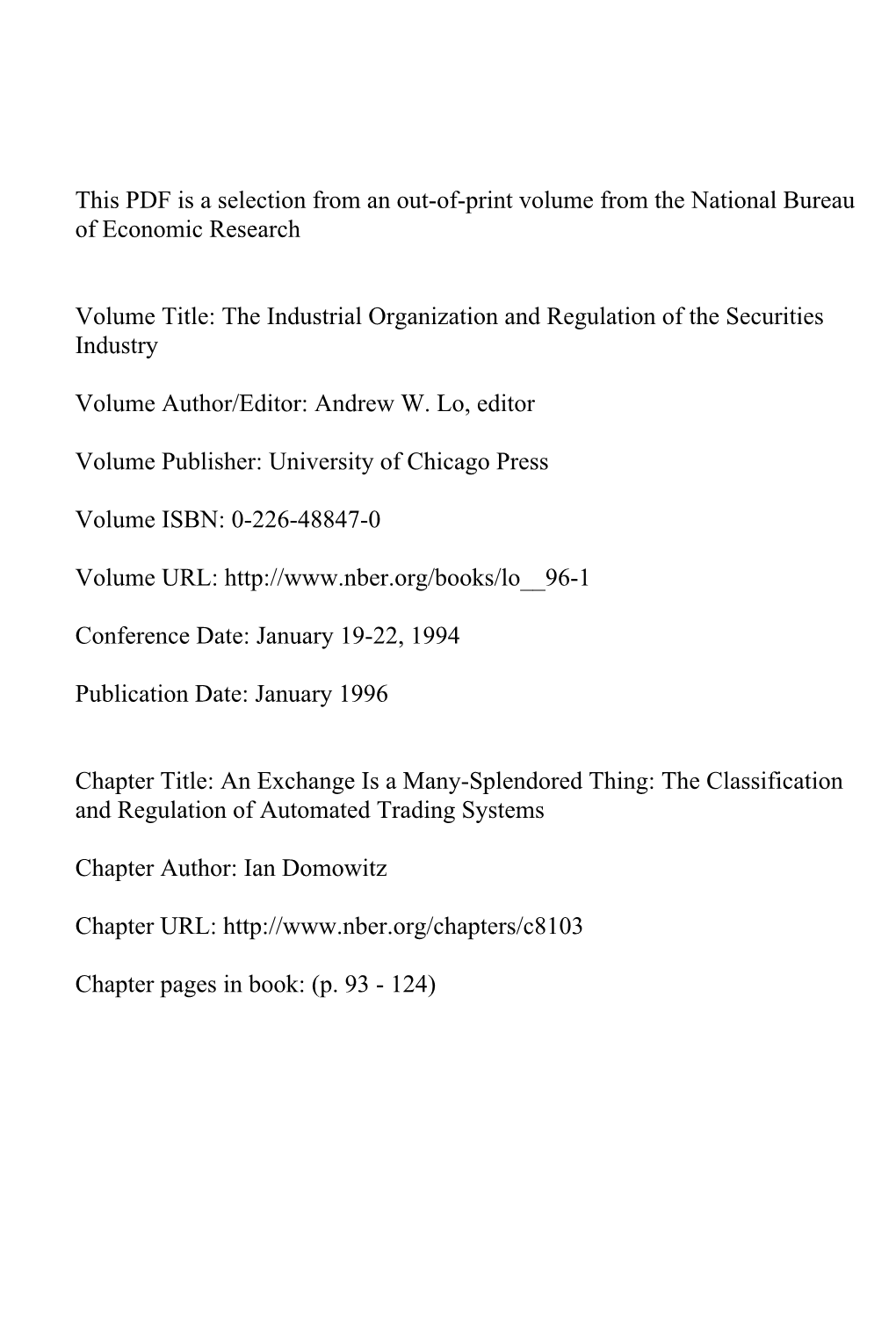 The Classification and Regulation of Automated Trading Systems