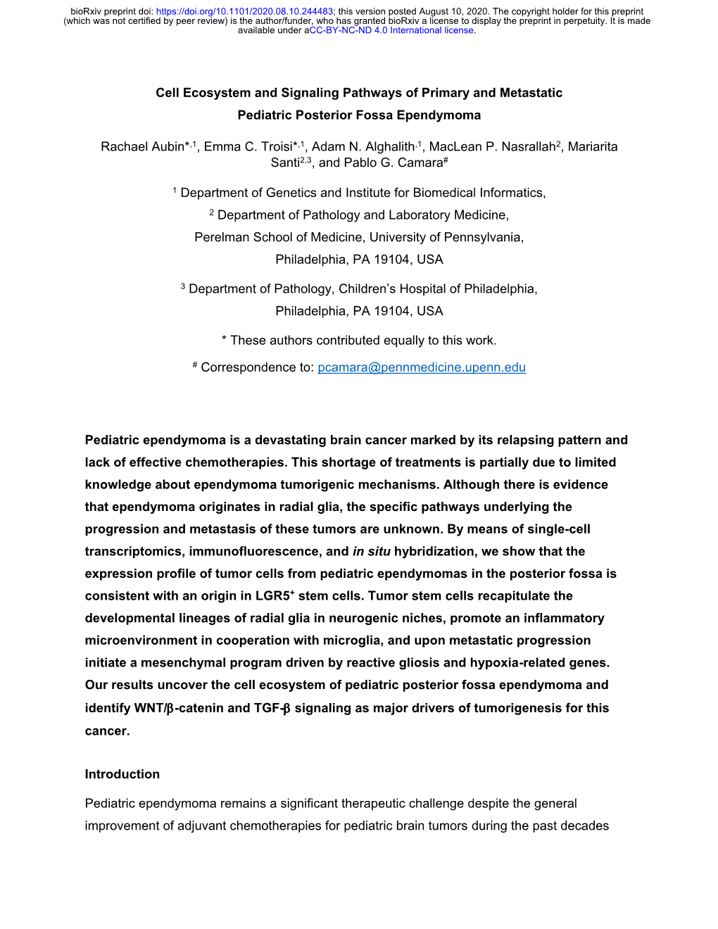 Cell Ecosystem and Signaling Pathways of Primary and Metastatic Pediatric Posterior Fossa Ependymoma