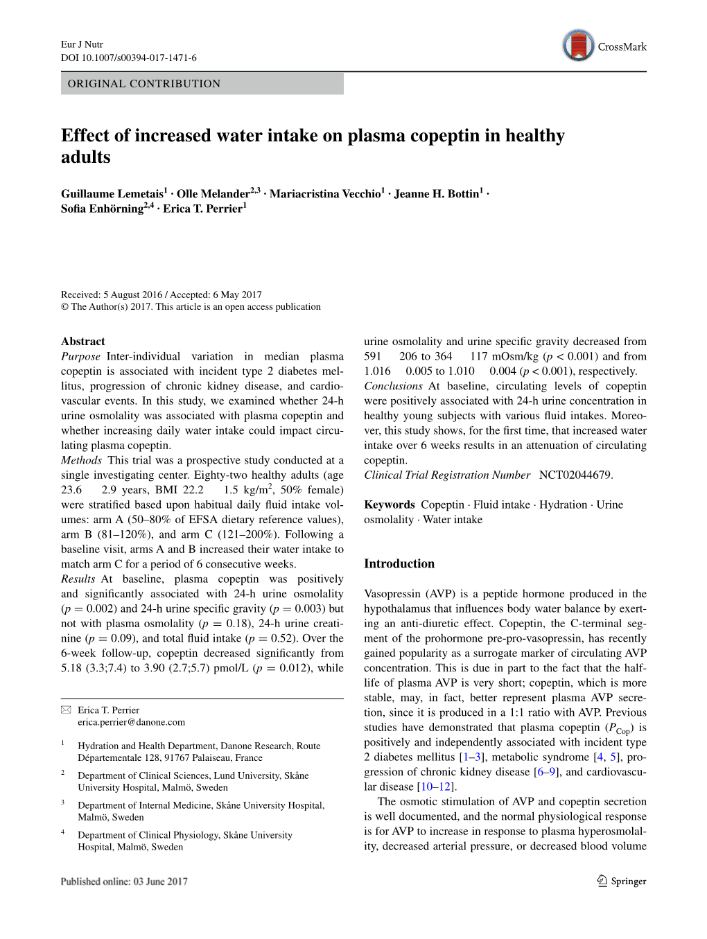 Effect of Increased Water Intake on Plasma Copeptin in Healthy Adults