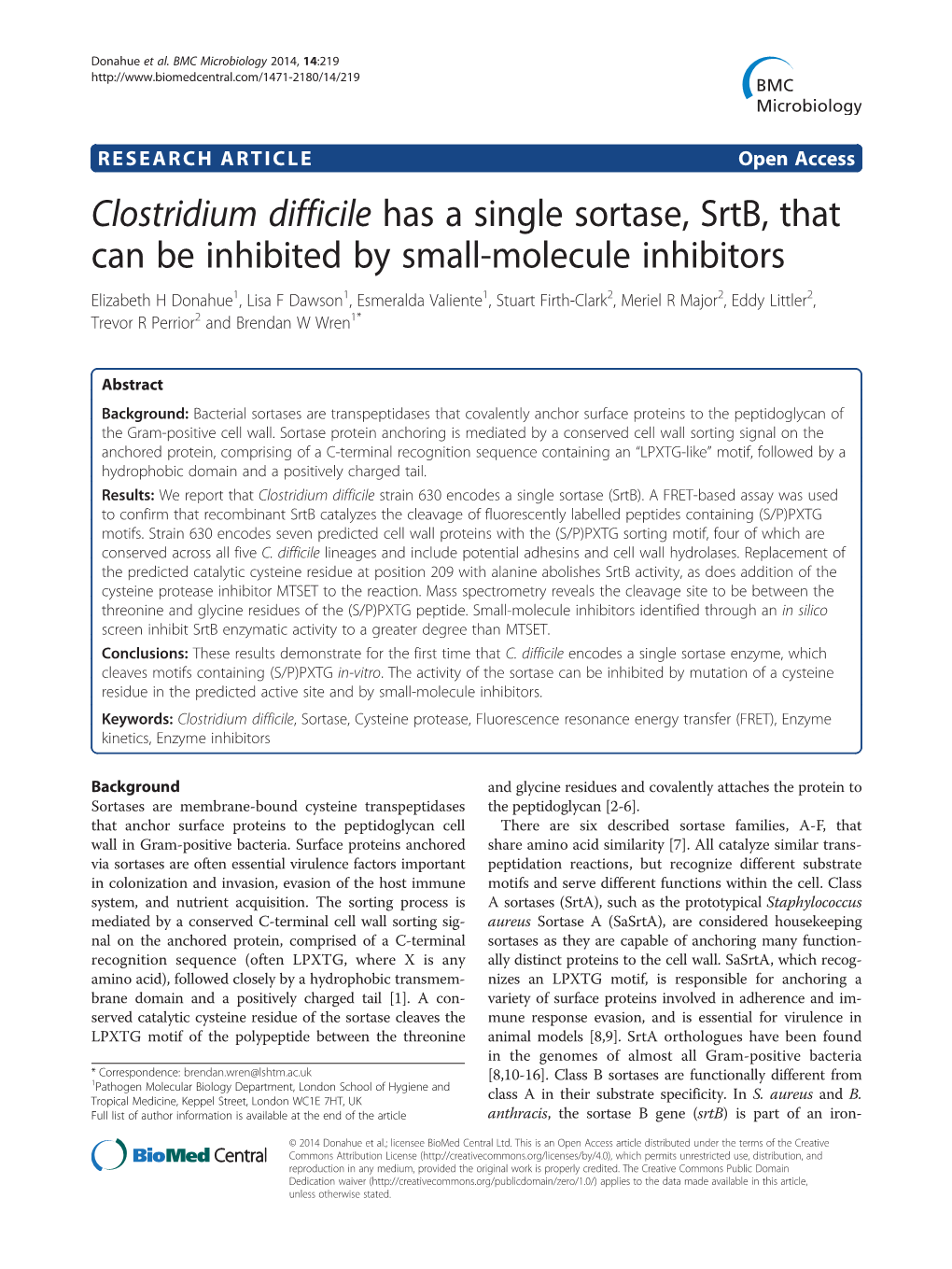 Clostridium Difficile Has a Single Sortase, Srtb, That Can Be Inhibited by Small-Molecule Inhibitors