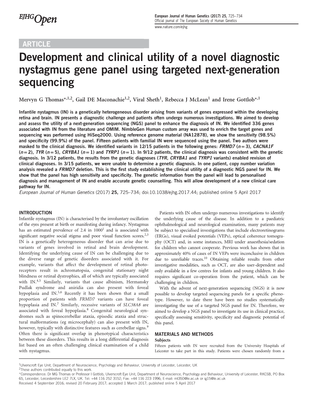 Development and Clinical Utility of a Novel Diagnostic Nystagmus Gene Panel Using Targeted Next-Generation Sequencing