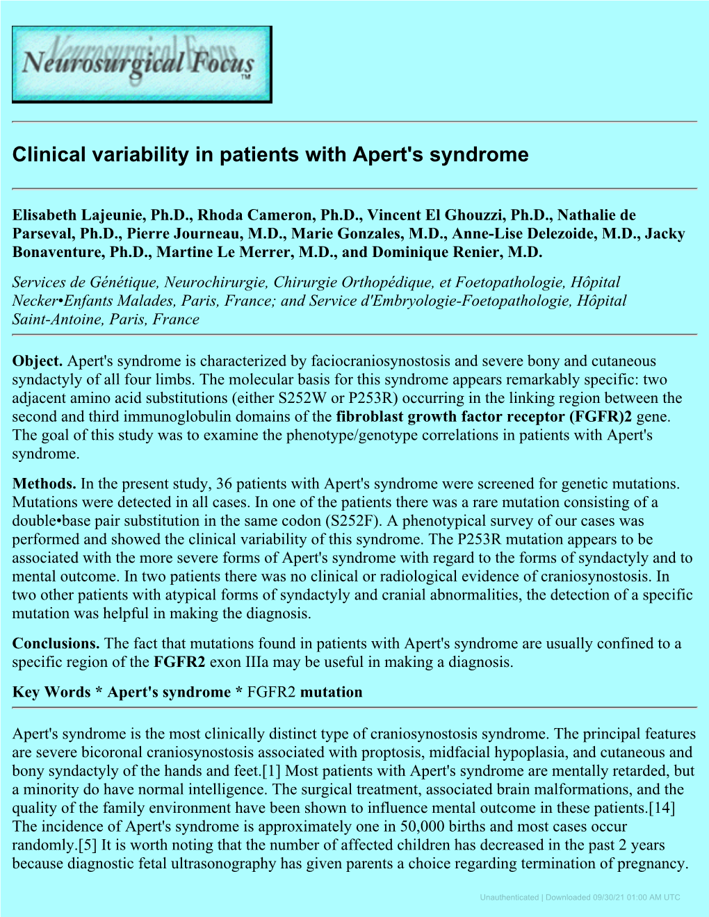 Clinical Variability in Patients with Apert's Syndrome