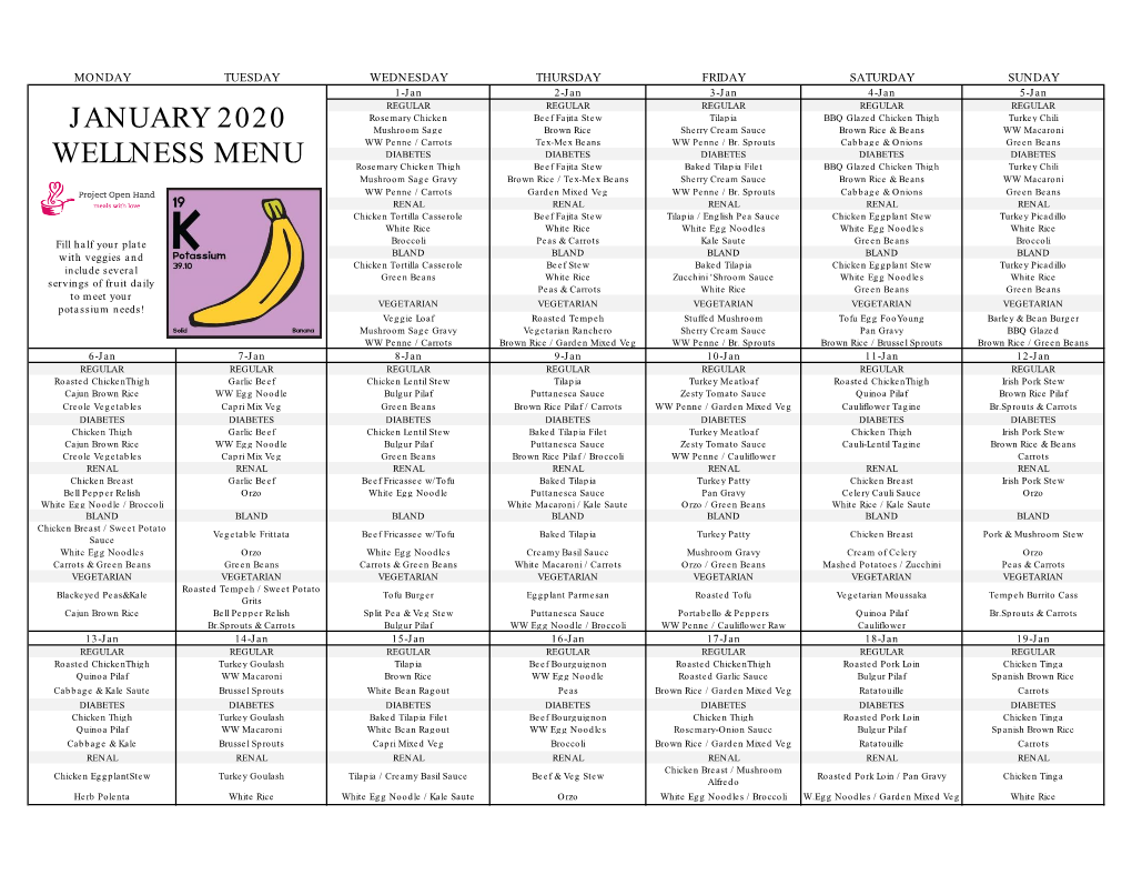 January 2020 Wellness Menu