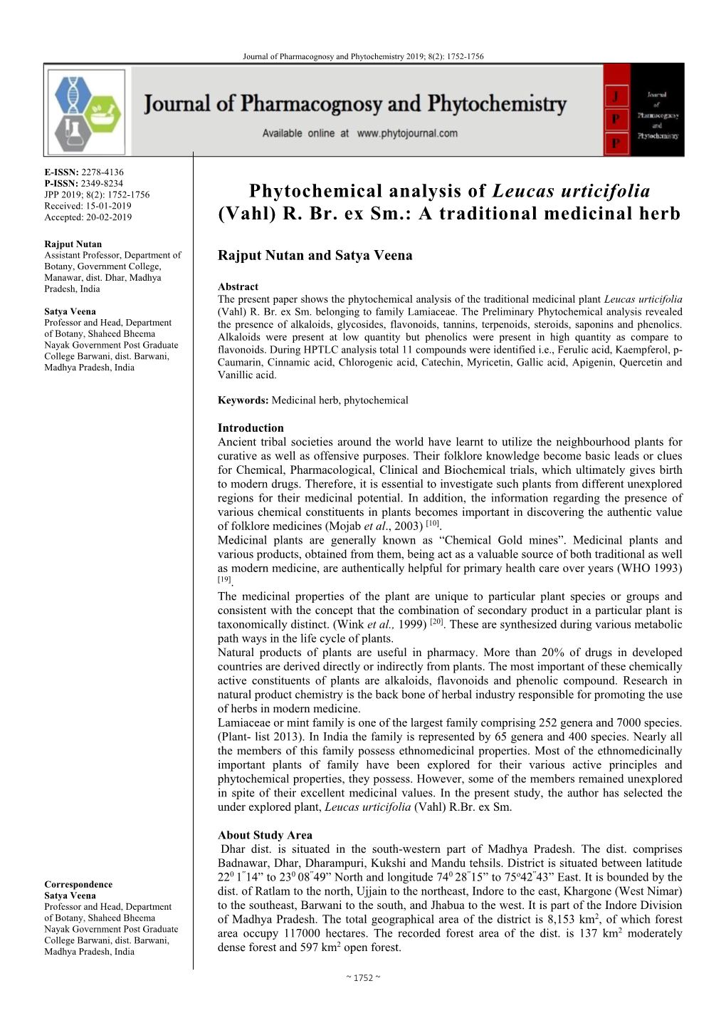 Phytochemical Analysis of Leucas Urticifolia Received: 15-01-2019 Accepted: 20-02-2019 (Vahl) R