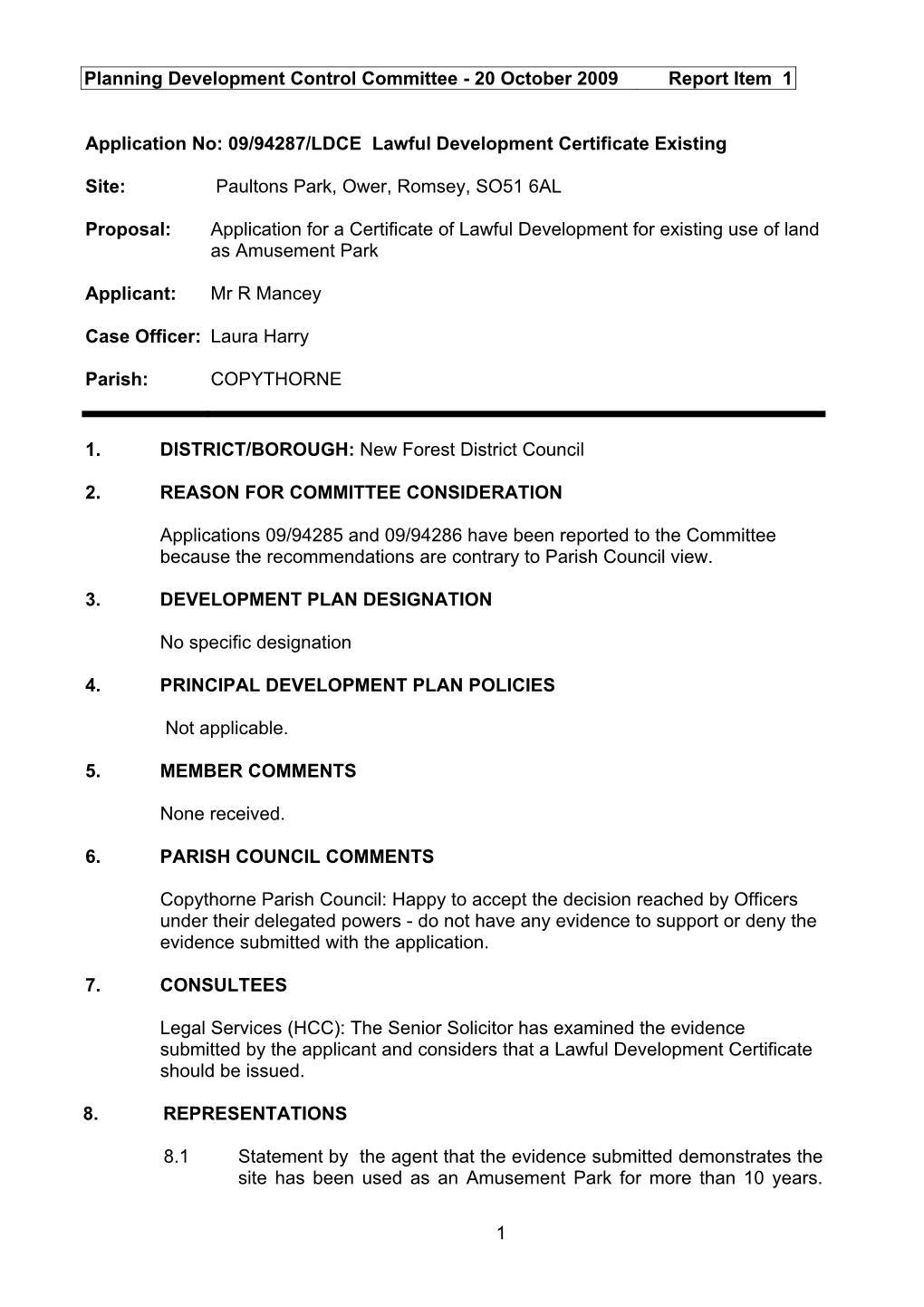 Planning Development Control Committee - 20 October 2009 Report Item 1